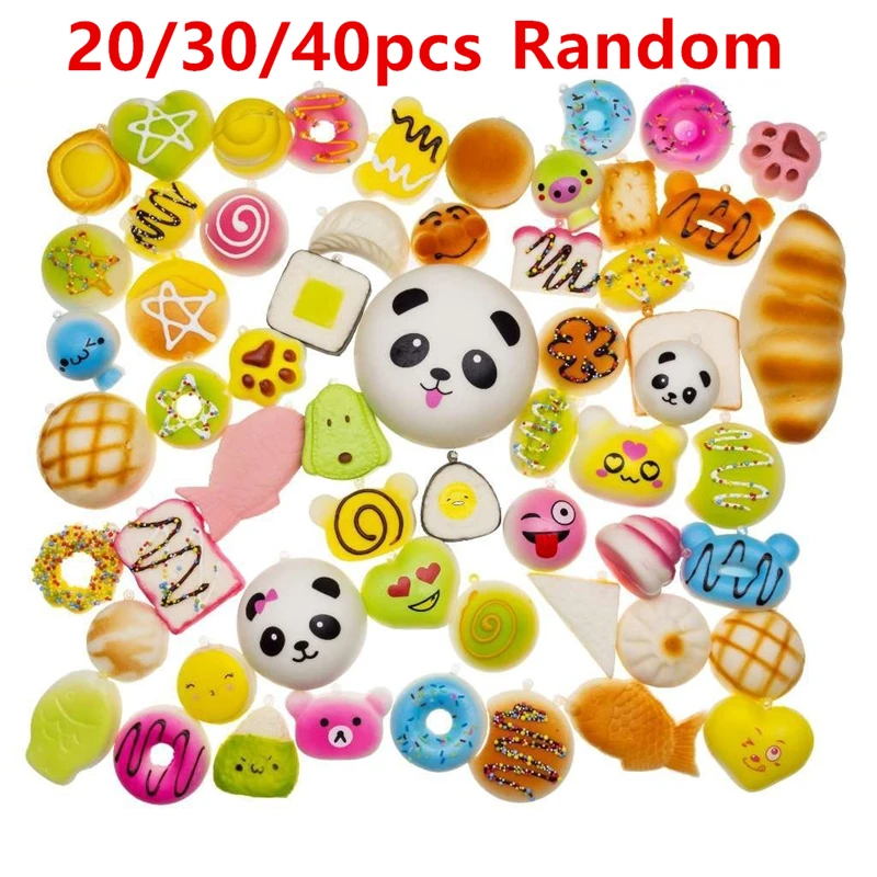 20/30/40Pcs Small Cute Decoration Random Squishy Soft Panda/Bread/Cake Key Ring Anti-Stress Squish Slow Rising Squeeze Toys