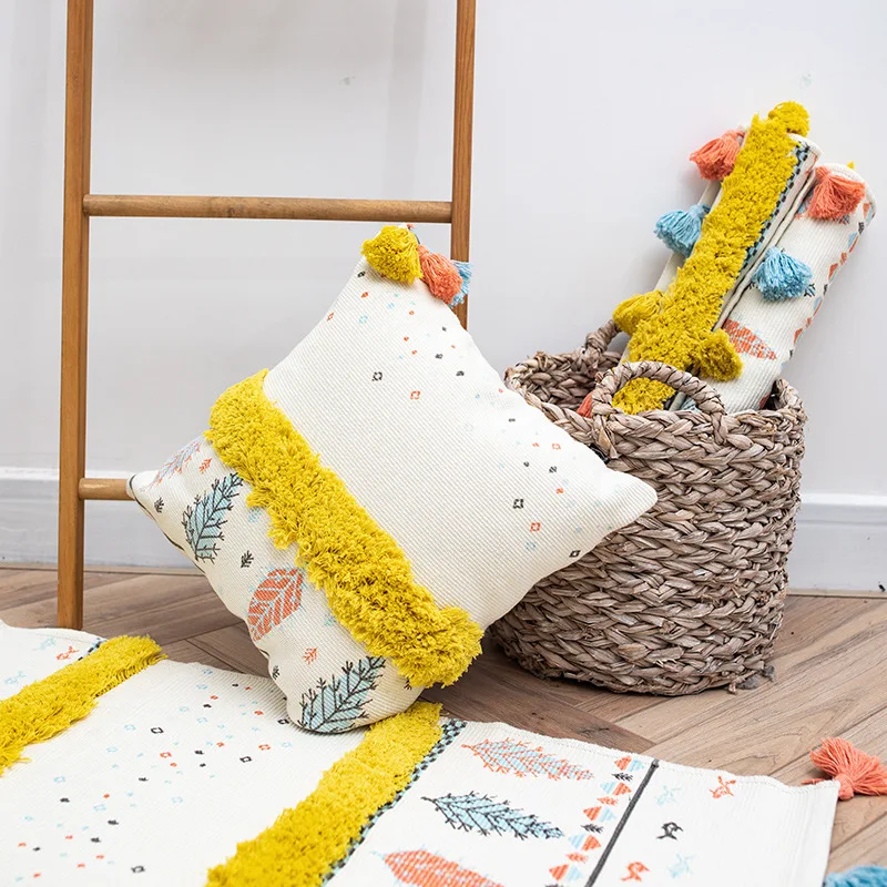 Наволочка с кисточками и принтом деревьев квадратная хлопковая льняная