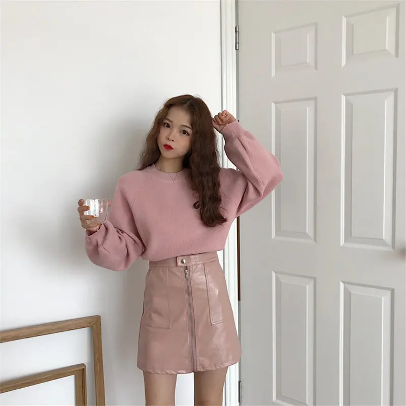 Alien Kitty Pink All Match PU Leather Zipper Pocket Women Slim Skirts High Waist Mini A-line Solid Simple Sexy Fresh | Женская одежда