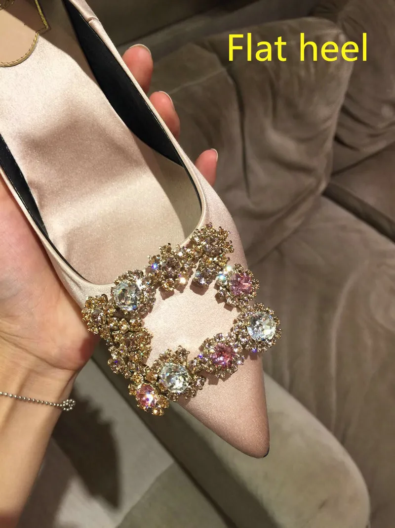 Champagne-Flat Heel Г.,, женские атласные туфли-лодочки с острым носком, украшенные цветами и кристаллами, с пряжкой, женские вечерние туфли на высоком каблуке для свадьбы - Цвет: Champagne-Flat Heel