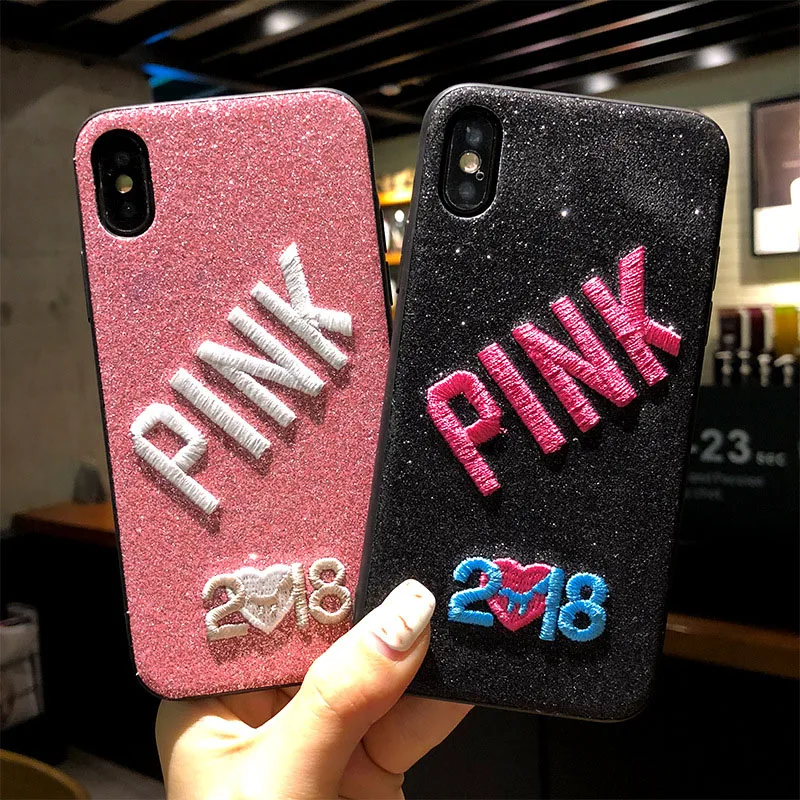 Fashion Pink Style Embroidery Mobile Phone Cases For iPhone X Glitter Back Cover 7 8 Plus Anti-knock Telefone Caixa |