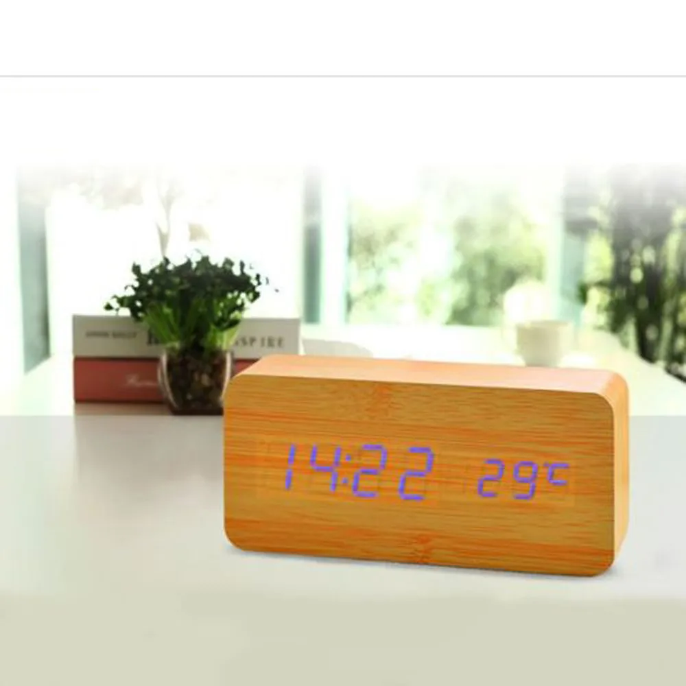 Orange Светодиодный Деревянный Будильник, настольные часы с голосовым управлением, цифровые деревянные часы Despertador, электронные настольные часы с питанием от USB/AAA, настольные часы 11,24 - Цвет: Orange