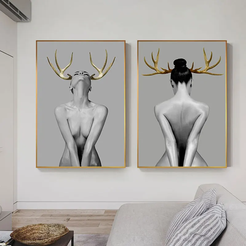 Скандинавский холст с обнаженным оленем и девушкой большой плакат печать HD