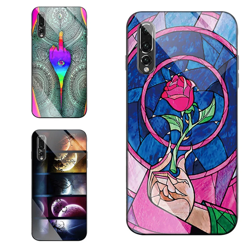 black edge Case for huawei p20 lite p30 p10 MATE 20 10 pro nova 4 3i Cover Luxury Aurora glass TPU Art rose Phone |