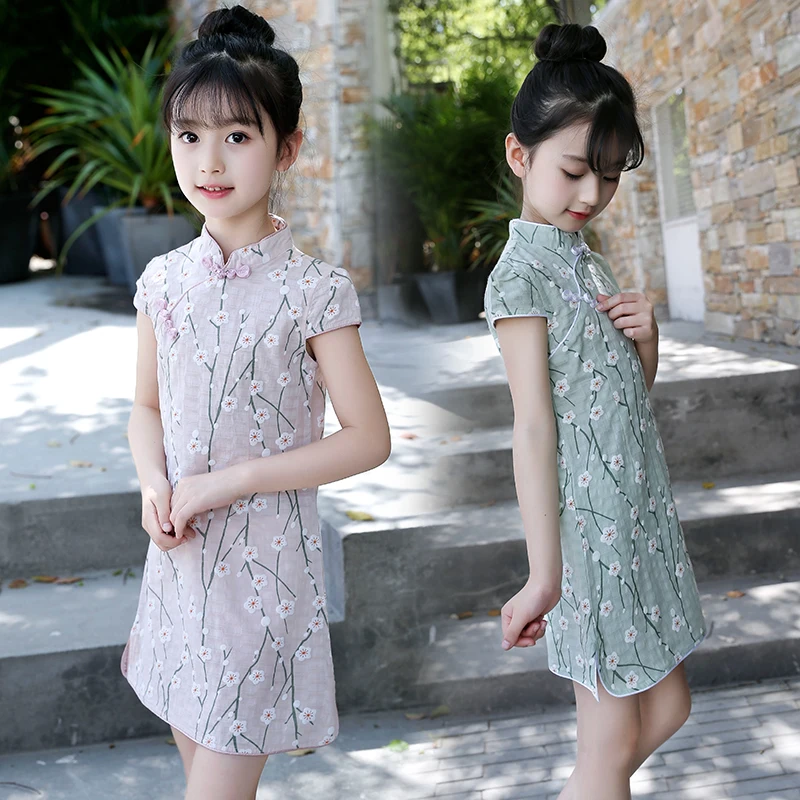 Детская Qipao короткий рукав китайский Стиль платья для девочек Cheongsam Повседневное