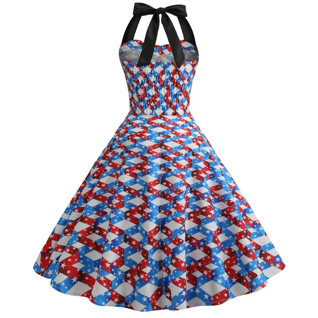 Women Independence Day Halter Neck Flag Print Stitching Buttons Big Swing Dress Summer Elegant High Waist Casual Ball Gown | Женская