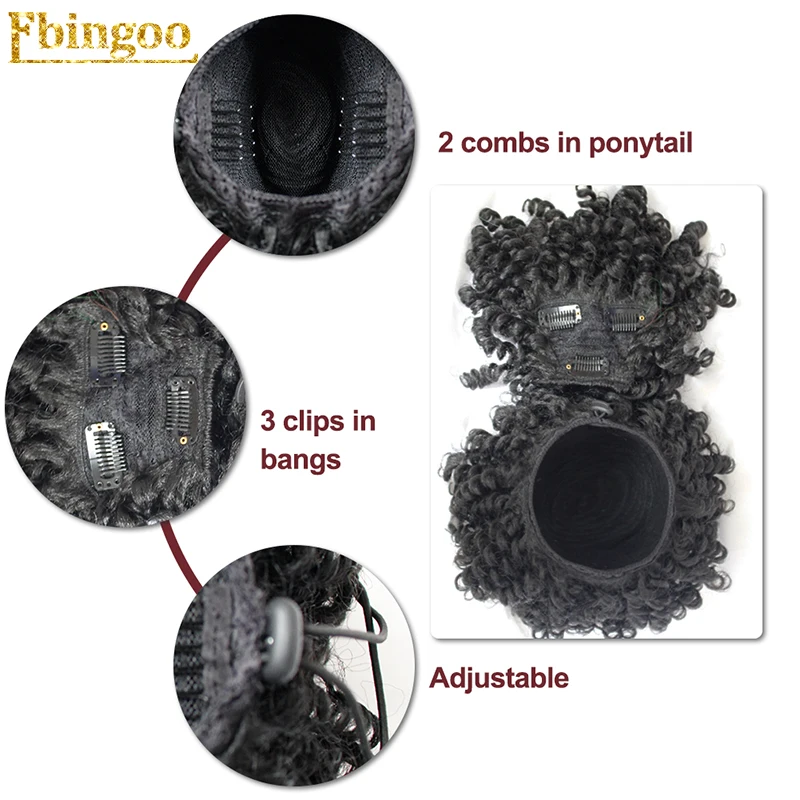 

Ebingoo Kinky Curly updos Afro Ponytail Extension Hair piece Bangs Black Heat Resistant Futura Fiber Synthetic Wig