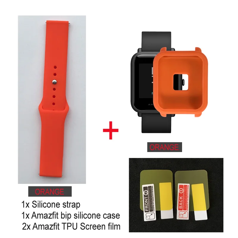 orange strap-orange 4в1/упаковка Силиконовые мягкие ремни для Amazfit Bip ремешок для часов резиновый чехол для Xiaomi Huami Amazfit браслет водонепроницаемый ремешок для часов - Цвет: orange strap-orange