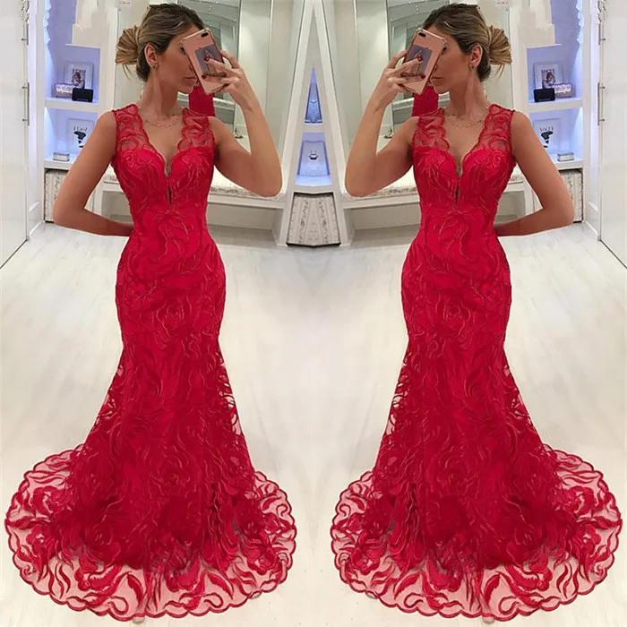 

Красное платье Русалочки Alexzendra для выпускного вечера, кружевное вечернее платье с v-образным вырезом, вечернее платье, 2019