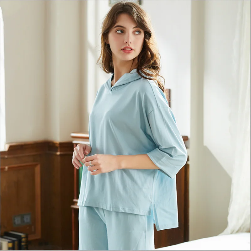 2019 Summer Female Casual pajama sets Women Half sleeve Hooded Collar t Shirt + Calf-Leng Pants Ladies 100%Cotton sleepwear suit | Женская