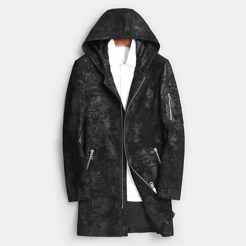 Men's Genuine Leather Jacket Hooded Goatskin Coat Mens Print Leather Jackets Windbreaker Chaqueta Cuero Hombre 8801 YY443