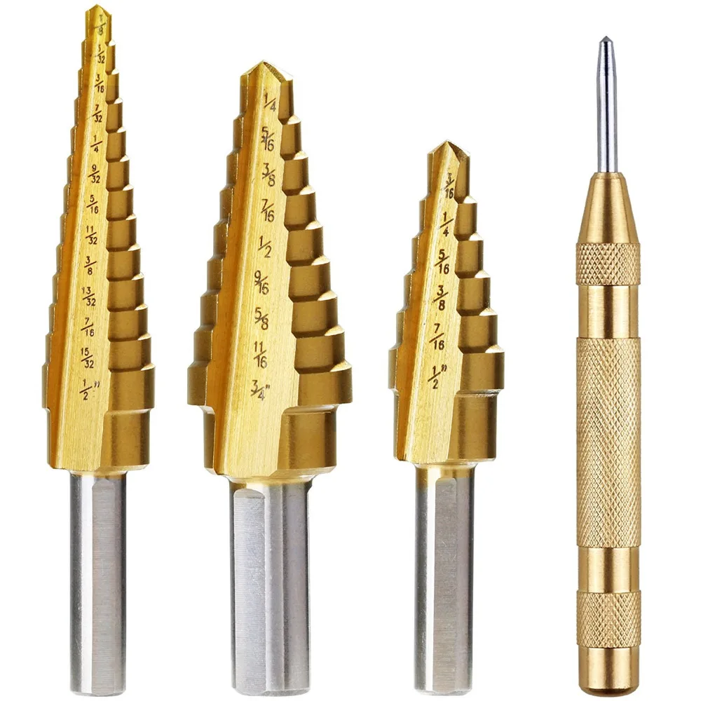 

Strong HSS steel with titanium coating Titanium Step Drill Bit Set 3 Piece Set And Automatic Center Punch