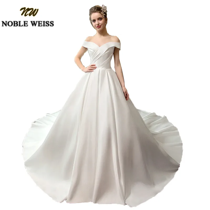 NOBLE WEISS Luxury Satin White Wedding Dresses A-line Long Court Train Bridal Gowns With Sexy Off the Shoulder Vestido De Novias | Свадьбы и