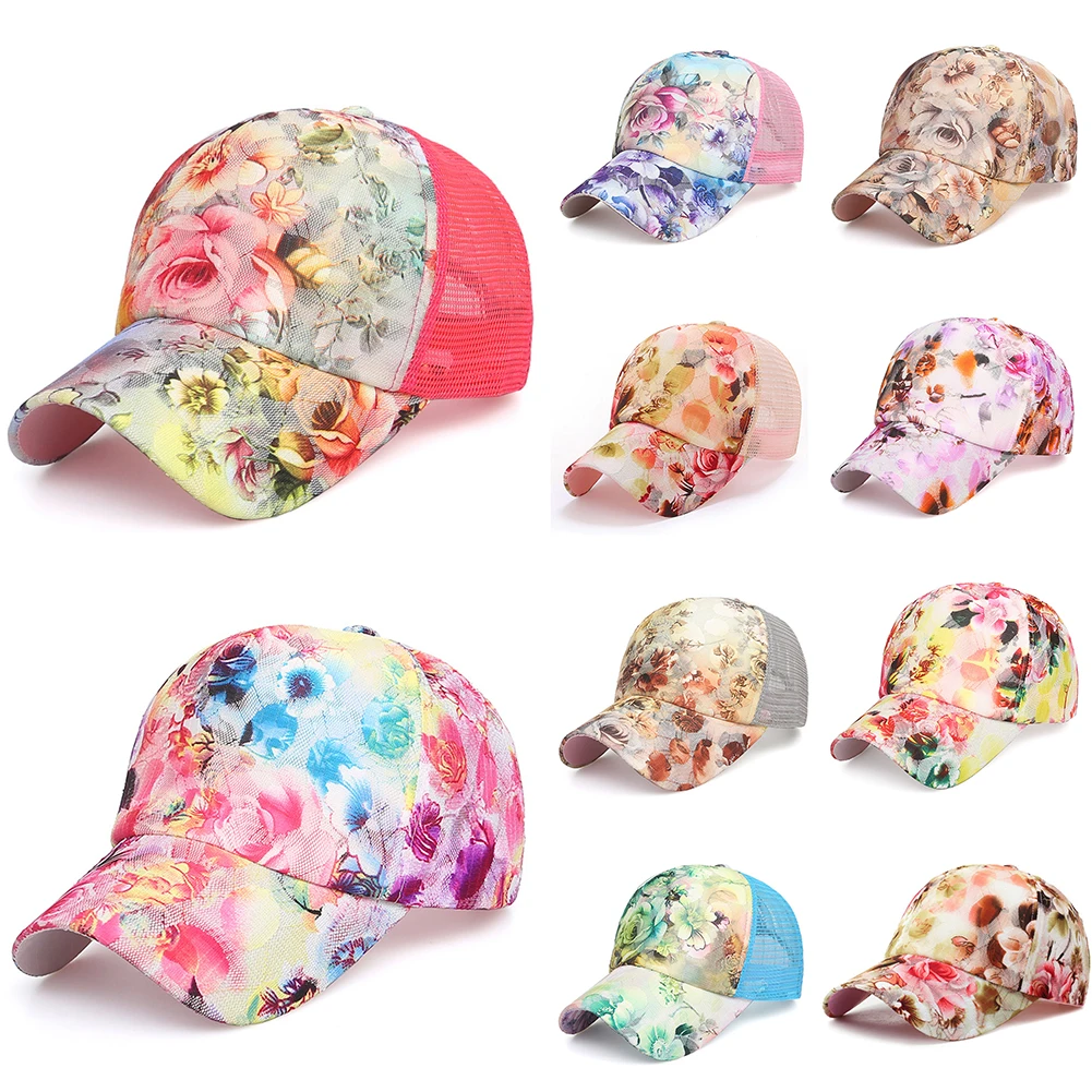 Кепка Женская сетчатая регулируемая бейсболка от солнца с рисунком розы дышащая
