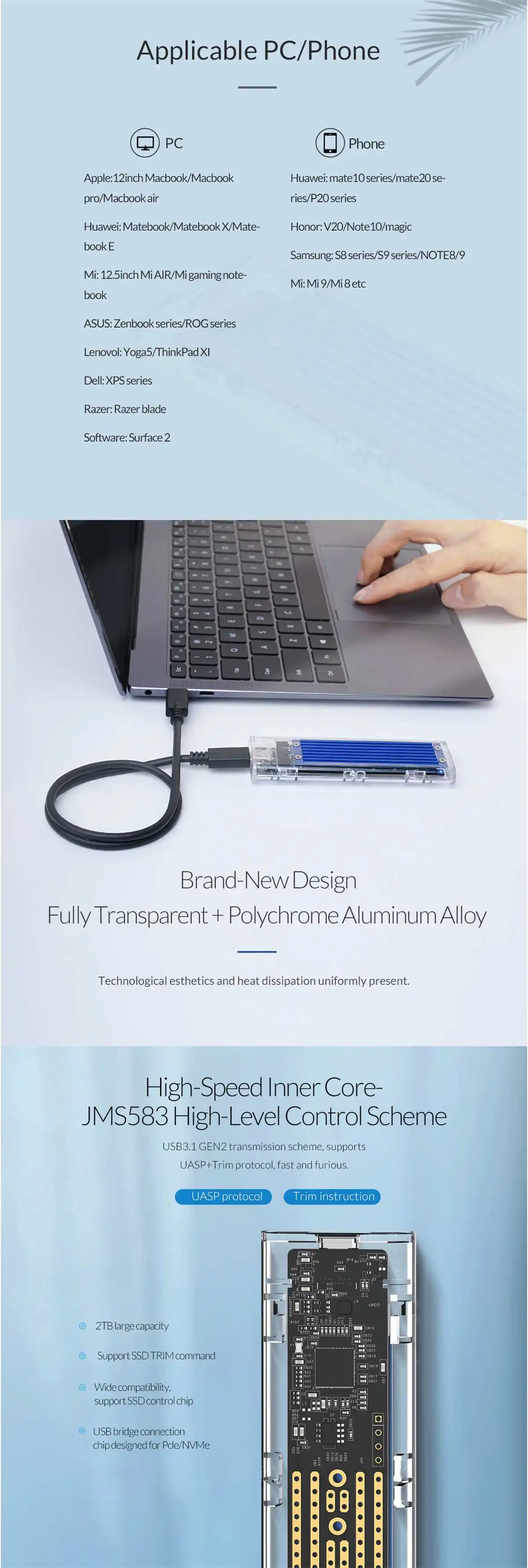 ORICO TCM2-C3 NVMe M.2 Transparent SSD HDD Enclosure 10Gbps USB3.1 Solid State Drive Enclosure Case Hard Drive Disk Base