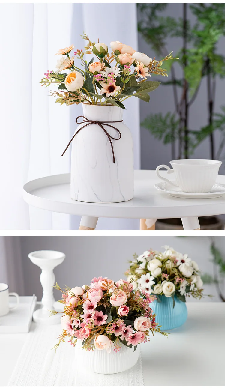 Fake Tea Rose Silk Flower Fall Gerbera Daisy Artificial Plastic Flower Pearl Bouquet For Wedding DIY Party Home Room Decoration