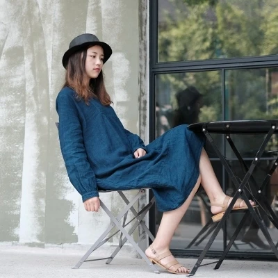 

LinenAll Studio women's small square collar 100% linen plant dyed bl and tea dyeing linen dress robe summer