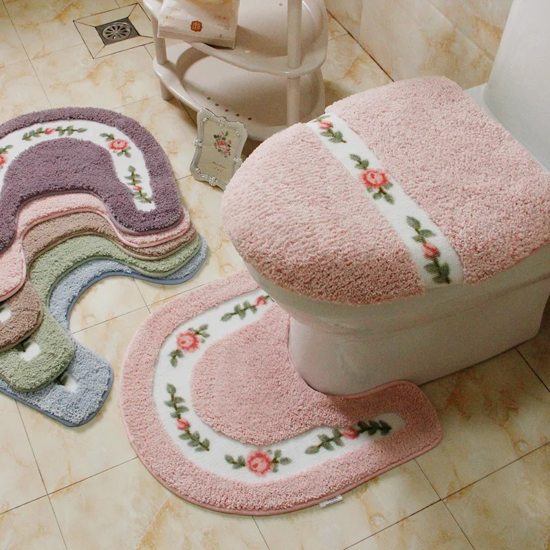 pastoral style toilet rug flower pattern bathroom mat set u shape toilet carpets floor decor bath mat set fiber toilet lid cover free global shipping