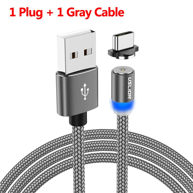 Gray USLION Магнитный USB кабель Micro usb type C кабель для samsung Galaxy S10 S10e для iPhone XR Xs Max 8 7 6 1M 2M 2A магнитное зарядное устройство - Цвет: Gray