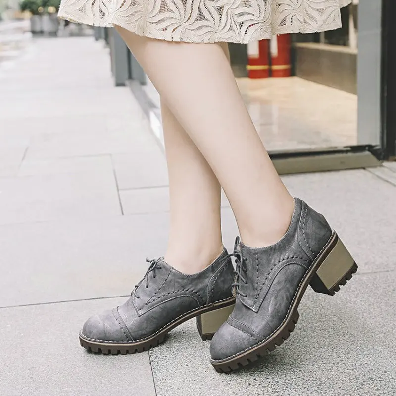 

fanyuan autumn spring round toe square heel British style grey casual woman shoes lace up women brogue shoes large size 43