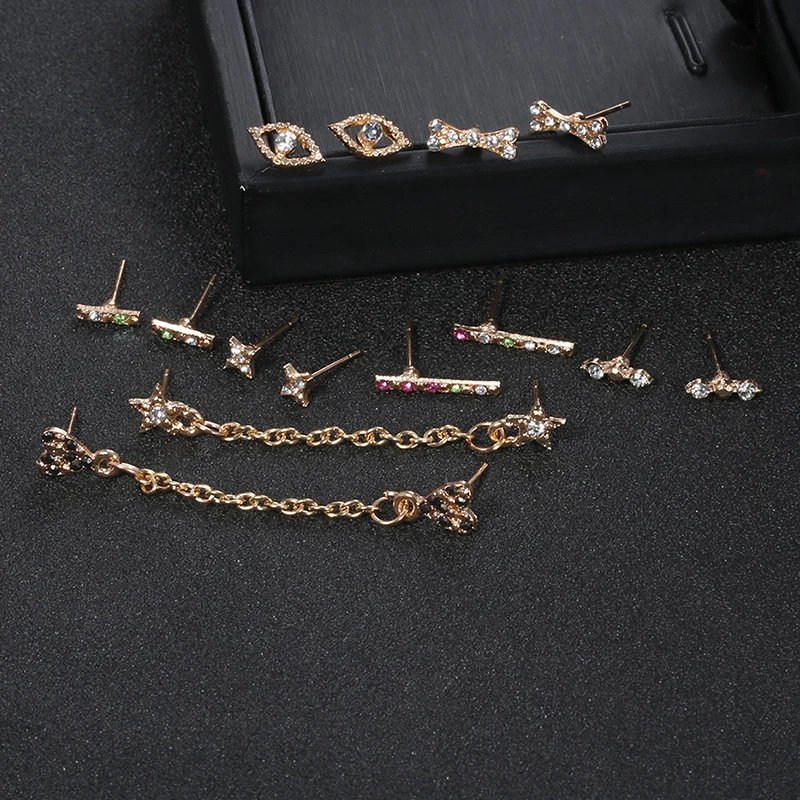 14 Pcs/Set Boho Crystal Chain Earrings Female Party Earring Fashion Heart Love Star Bones Eyes Stud Set | Украшения и аксессуары