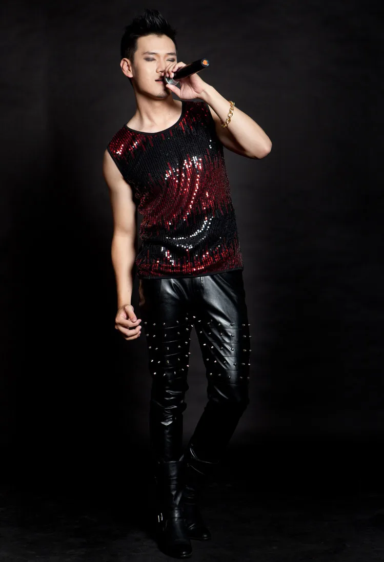 New Jazz Dance Harem Tops For Men Rock Bar Dj Dancers Stage Original Singer Hip Hop T-shirt Sequin Hairstylist Vest BD119