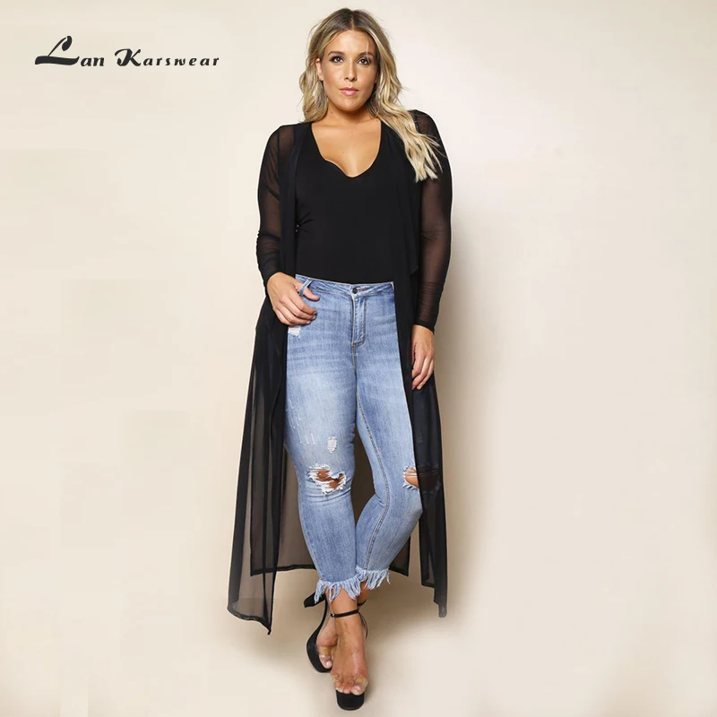 Lan Karswear Beach Cape xxxl Long cardigan Solid Full Pearl Chiffon Color Perspective Large Size Clothes W |