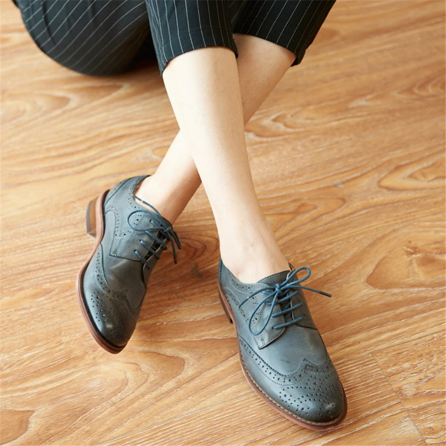 Genuine sheepskin leather brogue shoes yinzo lady flats vintage handmade winter oxford for women black grey brown | Обувь