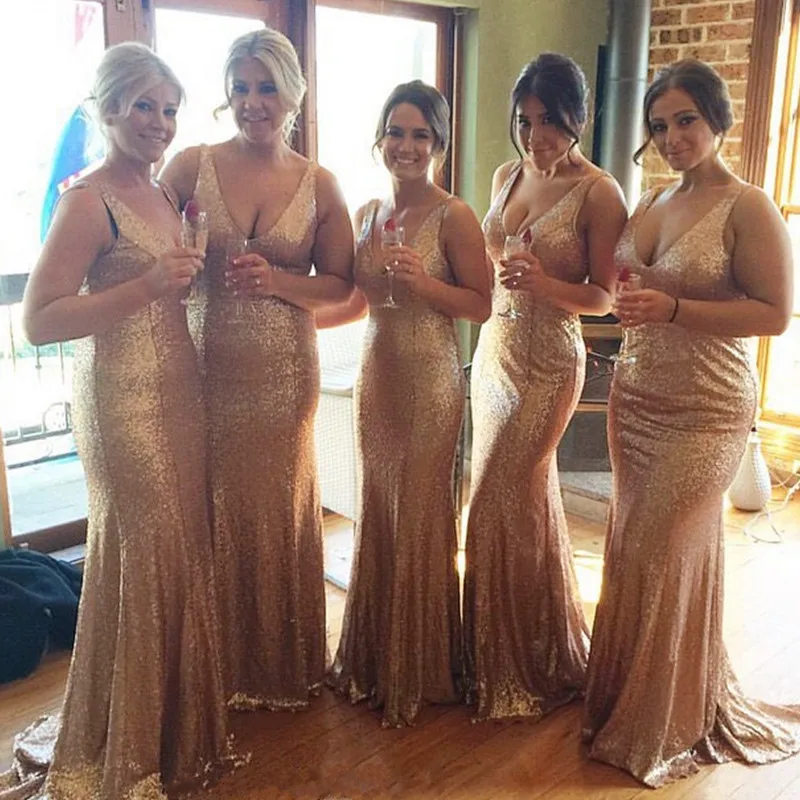 

Champagne Gold Sequins V Neck Floor Length Women's Prom Gown Bridesmaid Wedding Party Dress