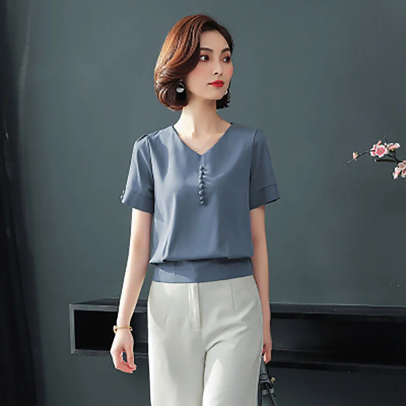 Летние свободные шифоновые рубашки с коротким рукавом и треугольным вырезом