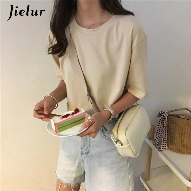 Apricot Jielur футболка 15 однотонная Базовая футболка женская повседневная с круглым вырезом Harajuku летний топ корейский хипстер белая футболка S-XL Прямая поставка - Цвет: Apricot