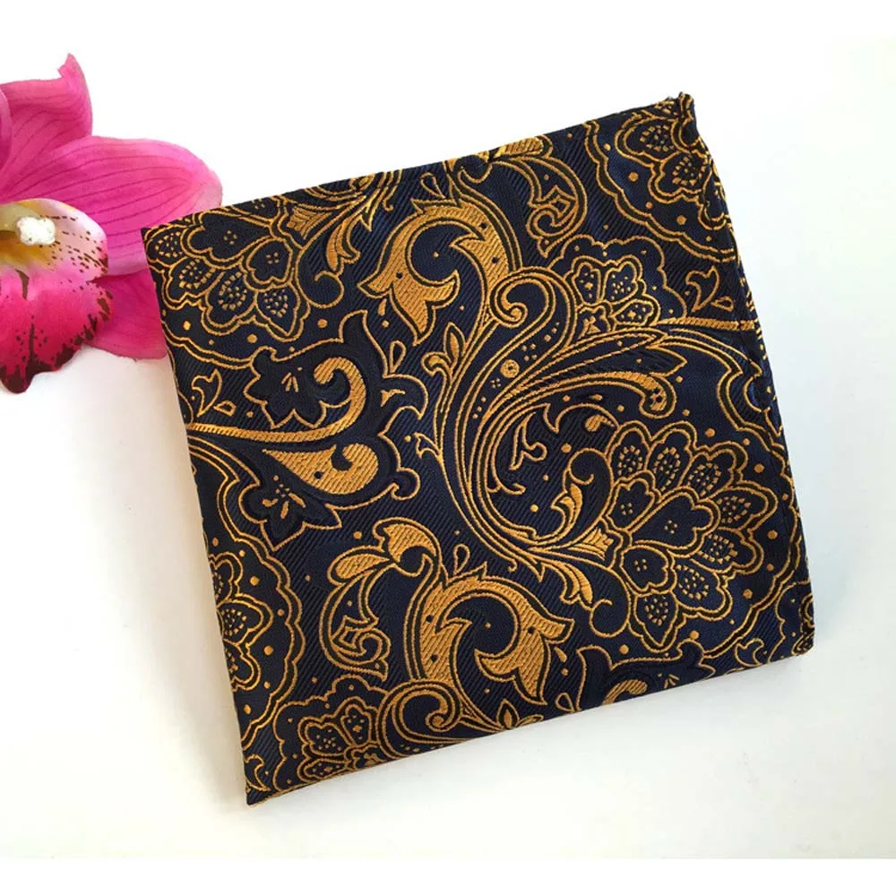 Мужской синий желтый Шелковый цветок Пейсли галстук платок Ascot набор носовой
