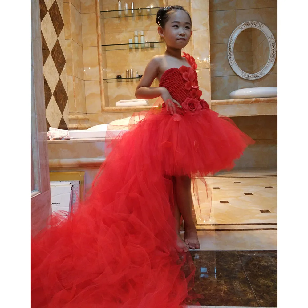 Red Peacock Dress Элегантная одежда с цветочным узором для девочек; рождественское платье; детское платье до колена с павлином; вечерние платья-пачки из тюля для девочек; Vestido; с длинным шлейфом - Цвет: Red Peacock Dress
