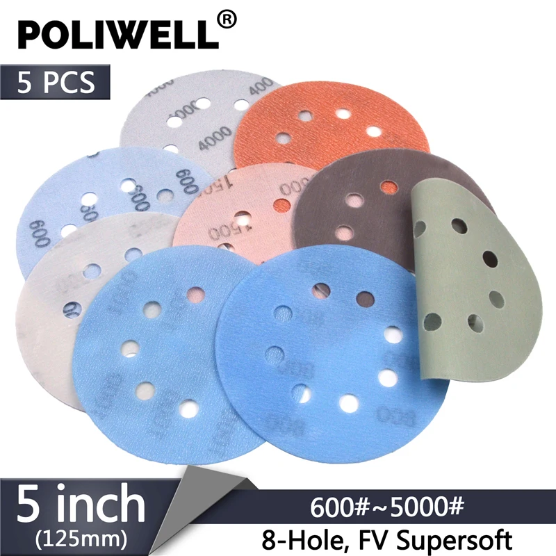 Мягкие сверхтонкие шлифовальные диски polywell 5 шт. дюймов 8 отверстий FV 125 мм 600 ~ 5000