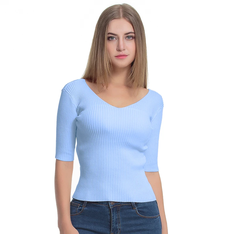 Poshcoco Women All Match Slim Knitted Sweaters 2017 Autumn V Neck Short Sleeve Knit Backless Thin Sweater Mujer Pullovers Female | Женская