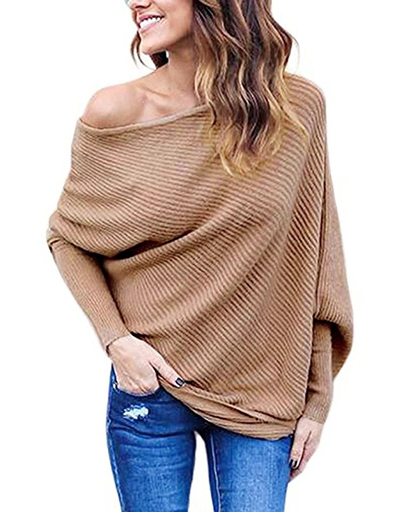 

Spring Autumn Women Off Shoulder Long Sleeve Knit Sweatshirt Loose Casual Solid Black White Khaki Batwing Baggy Pullover Sweater