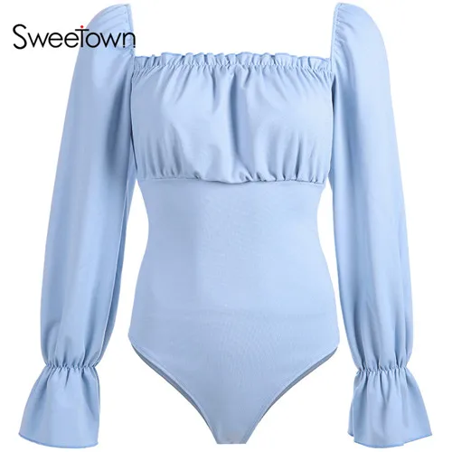 blue Sweetown винтажное черное боди со шнуровкой на спине, элегантное белое боди с оборками на рукавах, женские Синие сексуальные бандажные боди с открытой спиной - Цвет: blue