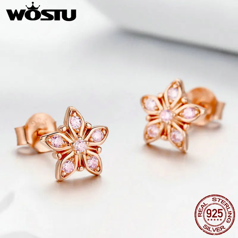 WOSTU корейский стиль серебро 925 пробы серьги гвоздики с цветком розовое золото