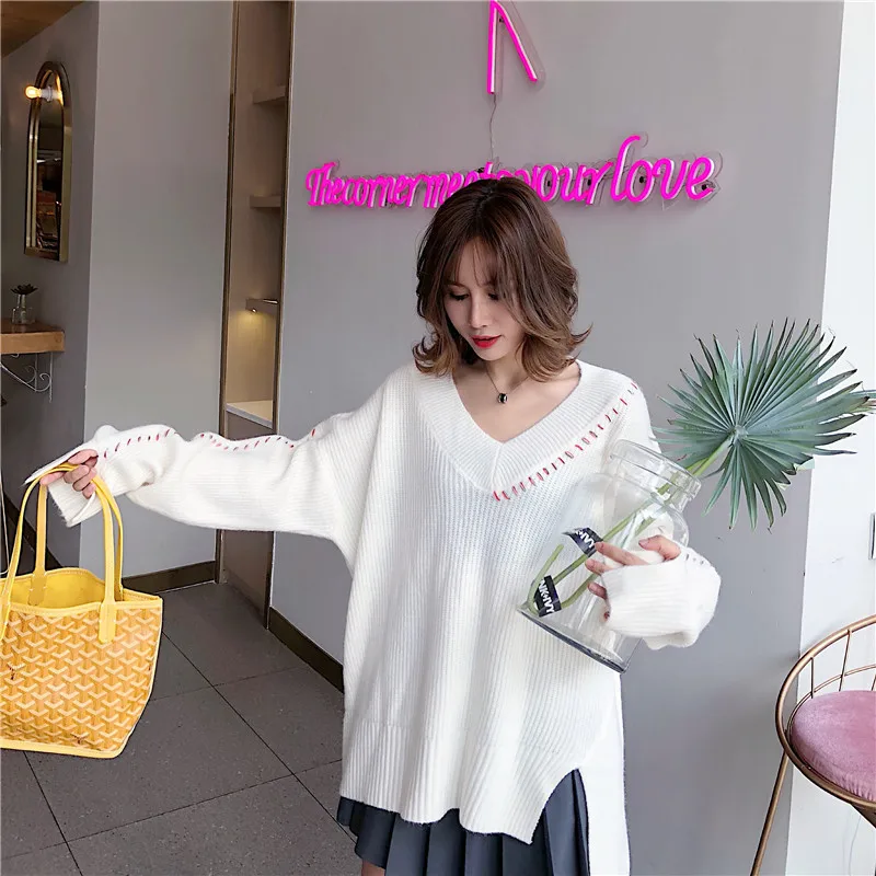 Alpaca V-Neck Lace Up Sweaters Fashion 2018 Women Plus Size Loose Clothing Knit Sweater Womens Pullover Long Sleeve | Женская одежда