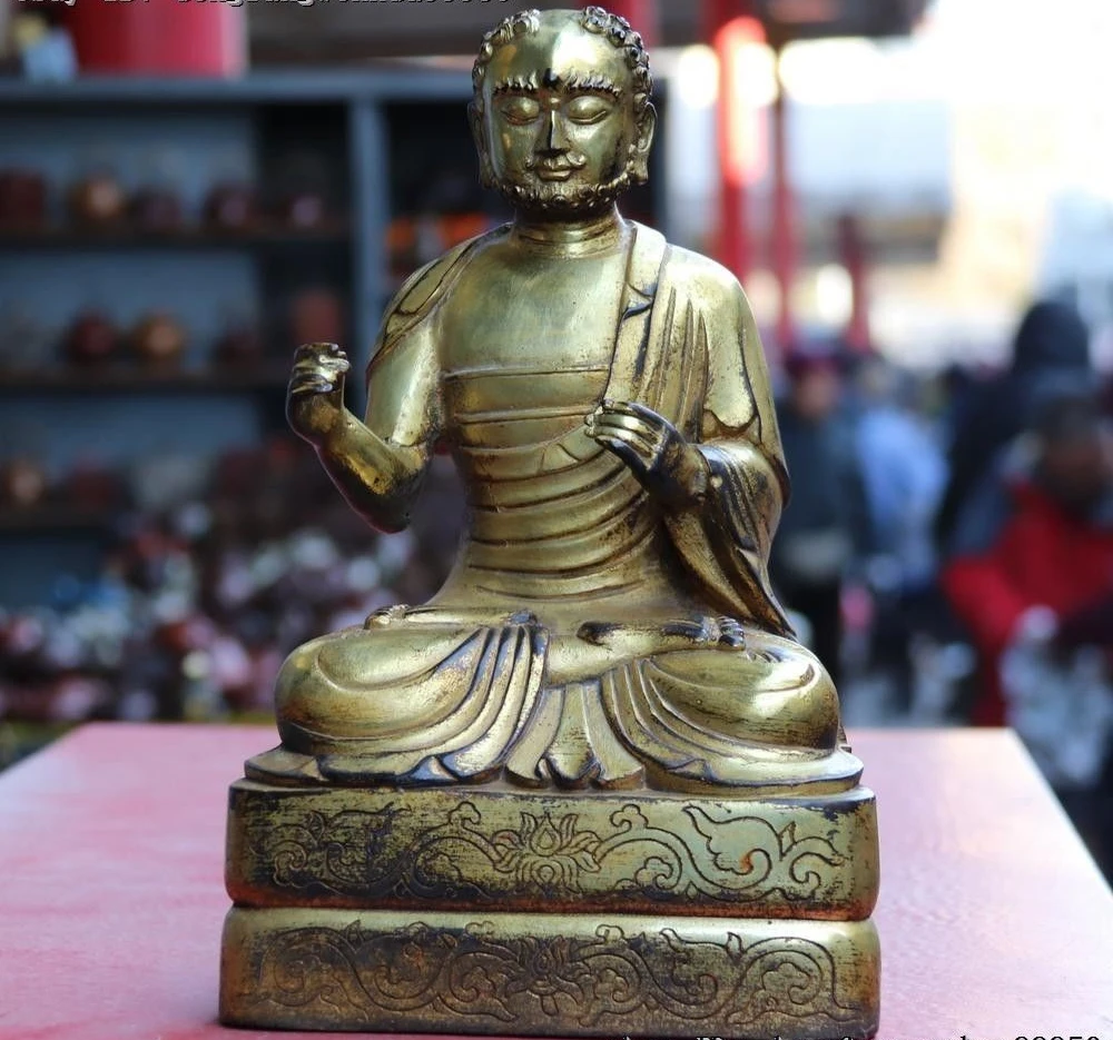 

Тибетский фиолетовый Медный позолоченный храмовый стул Arhat Damo Bodhidharma Dharma статуя Будды