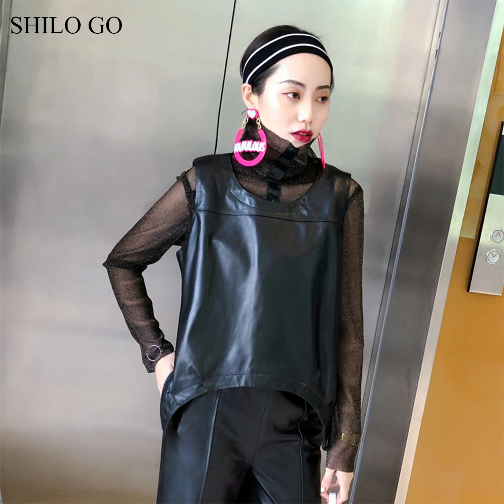 SHILO GO кожаная Блузка Женская Весенняя модная блуза из натуральной овечьей кожи с круглым вырезом без рукавов в сдержанном стиле свободная Асимметричная