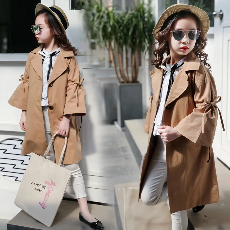 2018 осенний плащ с поясом для девочек-подростков детская верхняя одежда Длинная