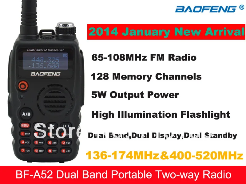 

2pcs/lot Baofeng A52 VHF+UHF Dual Band 5W 128CH FM VOX Portable Two-way Radio Baofeng BF A52 136-174MHz + 400-520MHz Interphone