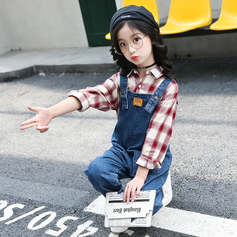 Kids Clothing Sets For Girls Denim Overalls Spring Autumn Plaid Blouses Shirts Children Jeans Pants 4 6 8 10 12 Years | Детская одежда