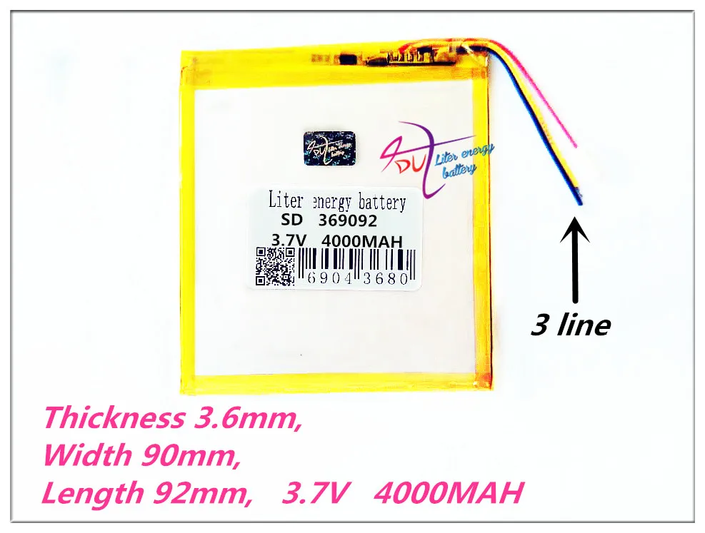 

3 line 369092 3.7V 4000mAh 409092Polymer rechargeable 359095 batteries For PDA GPS Tablet PCs Digital Products DVD 359090 309090