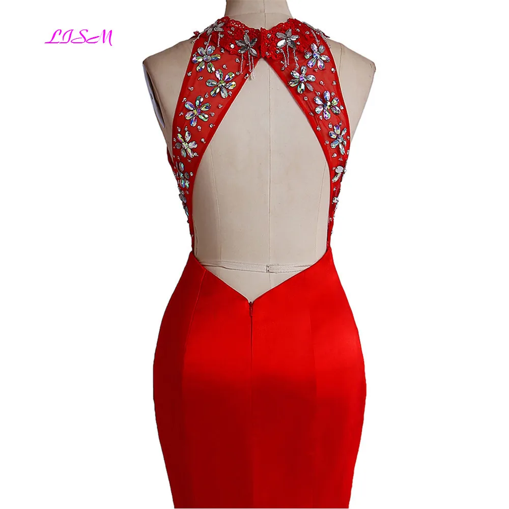 Red Mermaid Long Evening Dress Real Photos Halter Sleeveless Beaded Prom Party Dresses Sexy Split Open Back Formal Gowns | Свадьбы и