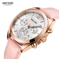 megir womens leather quartz watches chronograph clock 24 hours waterproof wristwatch for lady girl relogios femininos 2115 pink