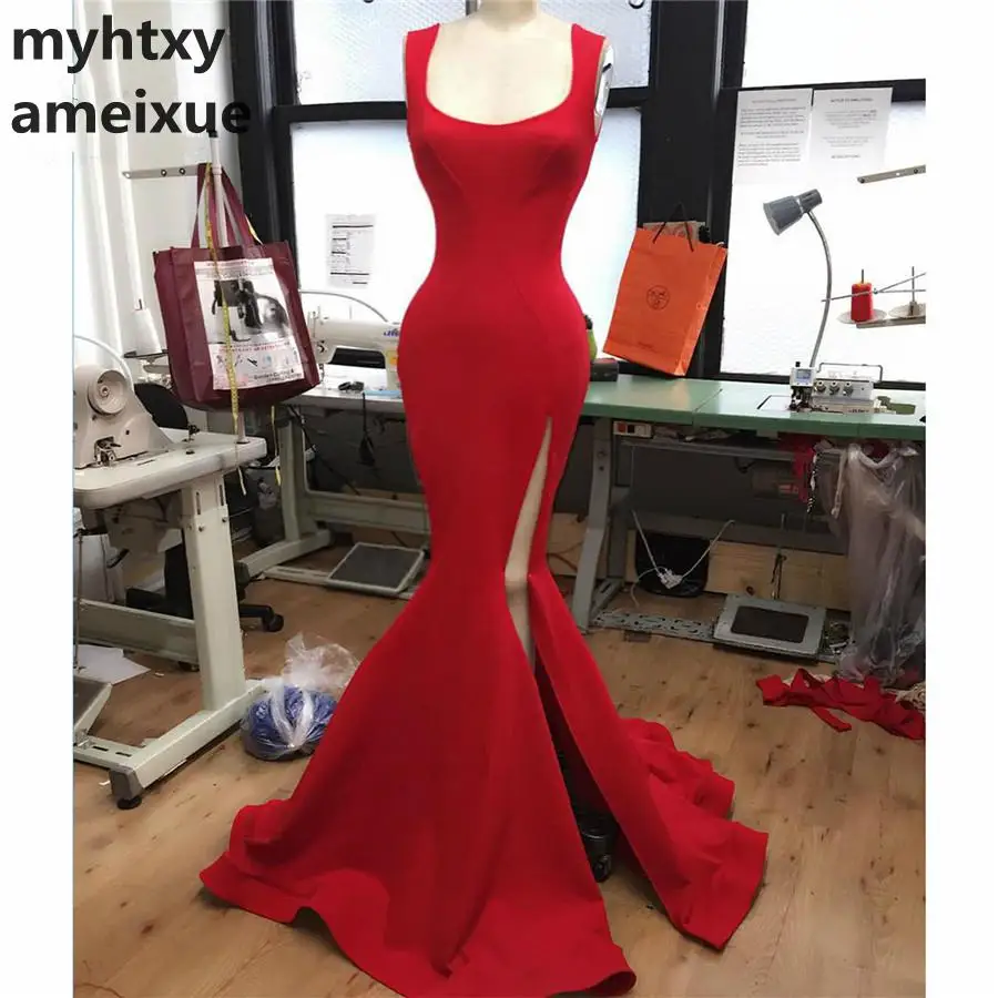 

2020 Mermaid Prom Dresses Long Tank Vestido Longo Side Split Elastic Satin Formal Cheap Red Evening Party Dress 100% Real Sexy