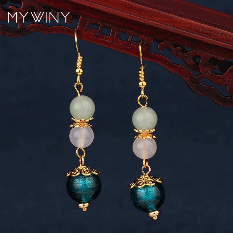 MYWINY природа камни Висячие этнические блестящие серьги из авантюрина винтажная