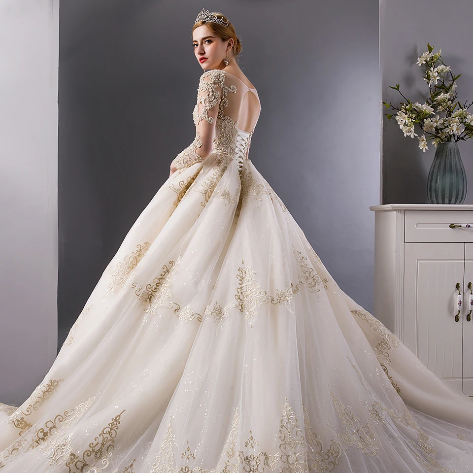 SL 6099 роскошное Золотое кружевное бальное платье с вышивкой и длинными рукавами